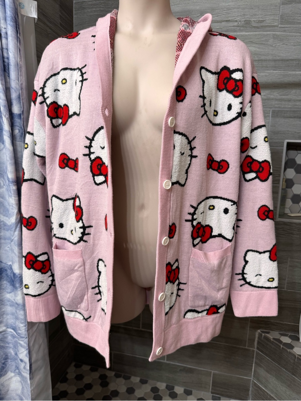 Hello Kitty Face Bow Hooded Cardigan Size L Pink Sanrio - Picture 4 of 9